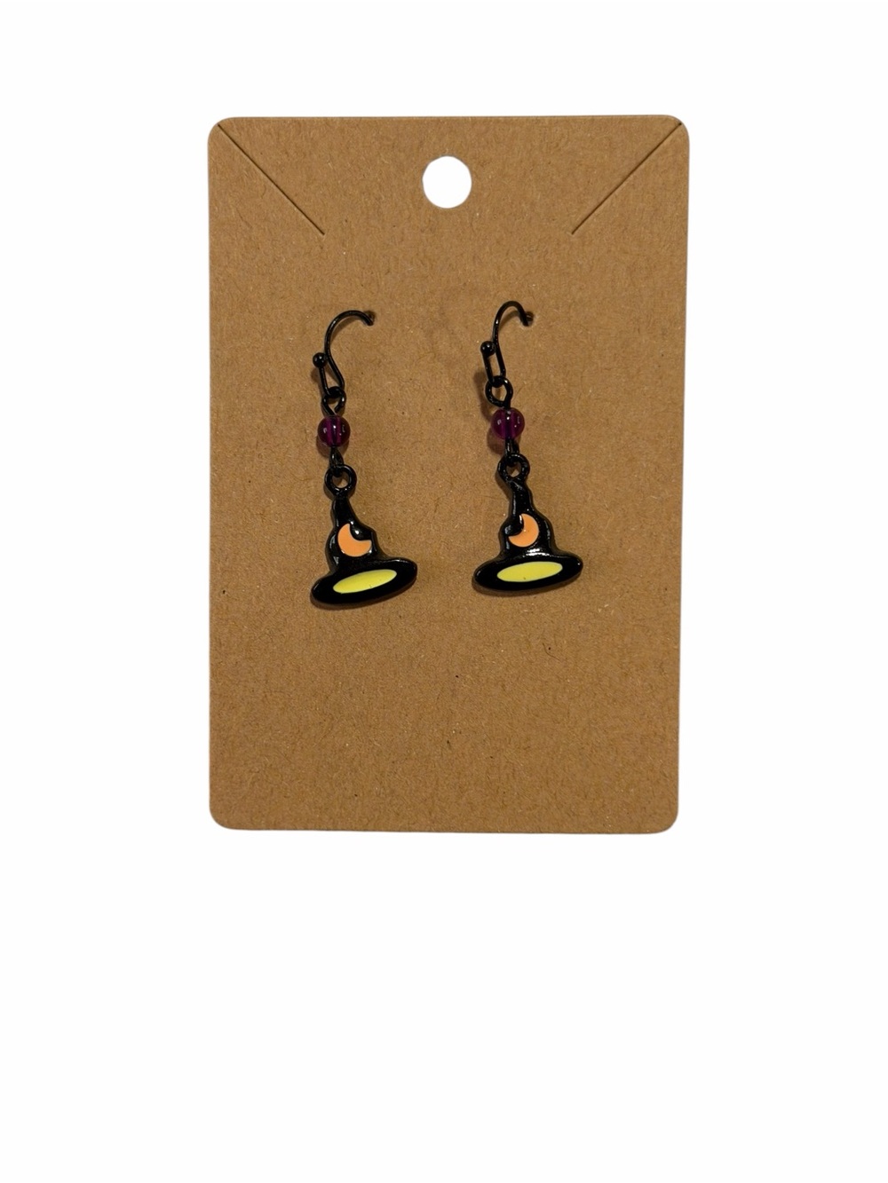 Handcrafted Black Witch Hat Dangle Earrings with Yellow Accents